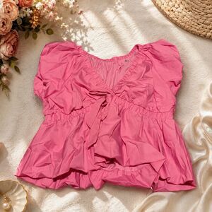 Chic Women's Pink Peplum Blouse 2XL Puff Sleeve V-Neck Bow Detail Cotton Blend